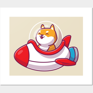 Cute Shiba Inu Riding Rocket Posters and Art